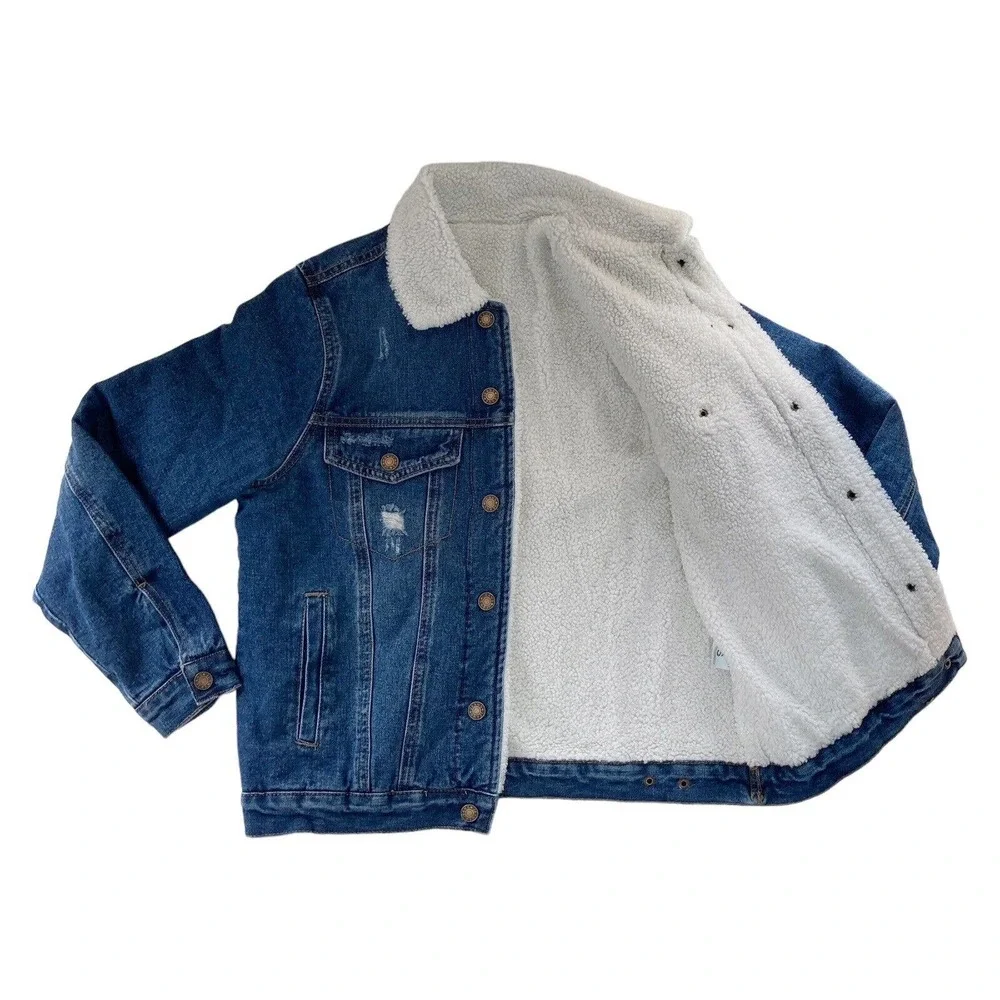 Denim Jacket Womens Small Sherpa Lined Trucker Distressed Fur Collar Cotton Poly